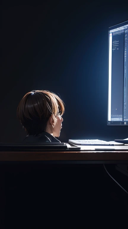 (masterpiece, highest quality, in 8k, super detailed, high resolution, anime style, absolutely), (alone:1.5), handsome man, computer programming, programming text on monitor, keyboard typing