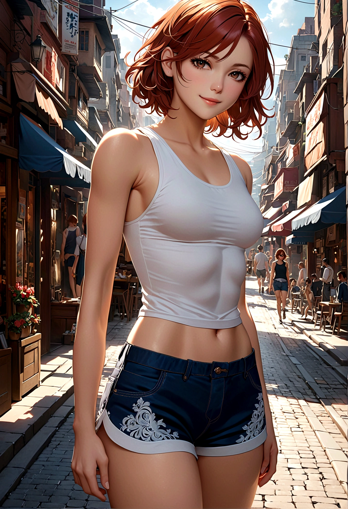 ((Middle chest, Tomboy, Small head)), sunlight, Sunlight, (Chiseled abdominal muscles: 1.1), (Perfect body: 1.1), (Short Wavy Hair: 1.2), Auburn hair, full-body shot, Crowded streets, Wearing a white vest, ((shorts)), (Extremely detailed CG 8k wallpaper), (Extremely refined), (masterpiece), (best quality: 1.0), (ultra-high resolution: 1.0), Beautiful Lights, Perfect Lightning, Realistic shadows, [high resolution], Delicate skin, Extremely detailed, Charming smile