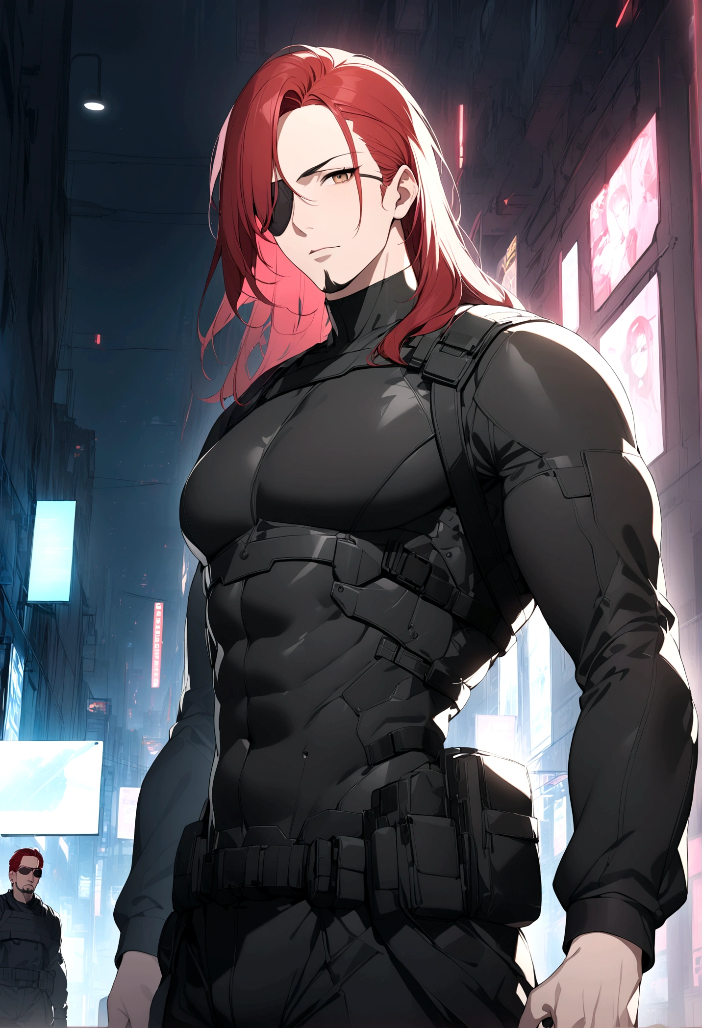 (masterpiece, 32k, 8k, cgi) man, 34 years old, red hair, brown eyes, eye patch over one eye, cyberpunk hair, black Swat uniform, cyberpunk setting, black goatee, face with masculine features, thin body