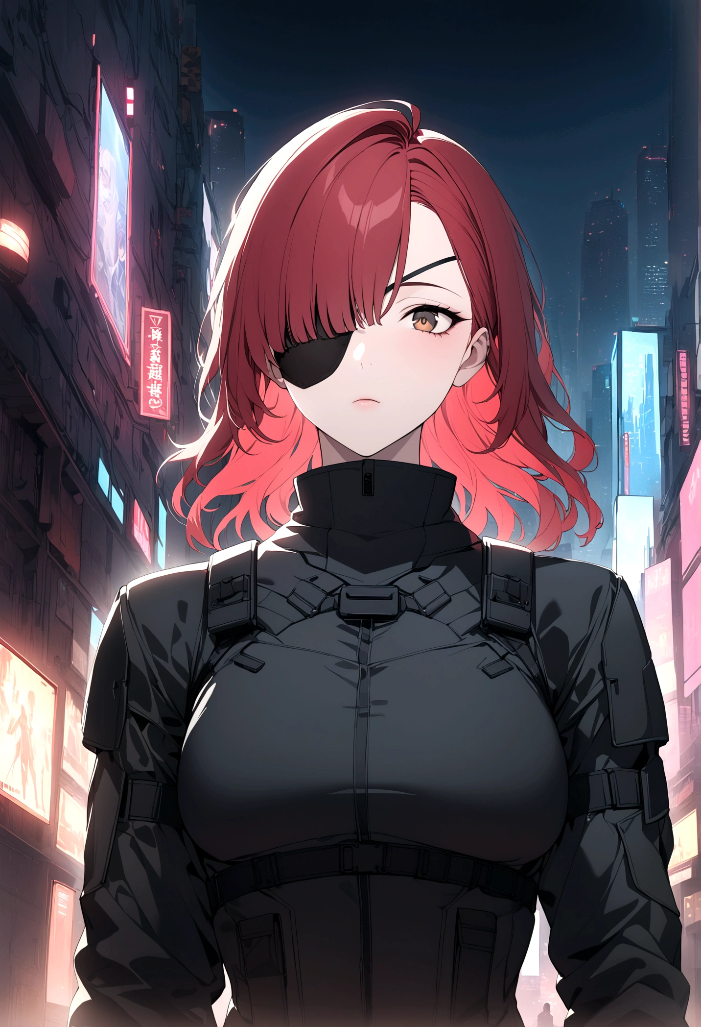 (masterpiece, 32k, 8k, cgi) man, 34 years old, red hair, brown eyes, eye patch over one eye, cyberpunk hair, black Swat uniform, cyberpunk setting, black goatee, face with masculine features, thin body