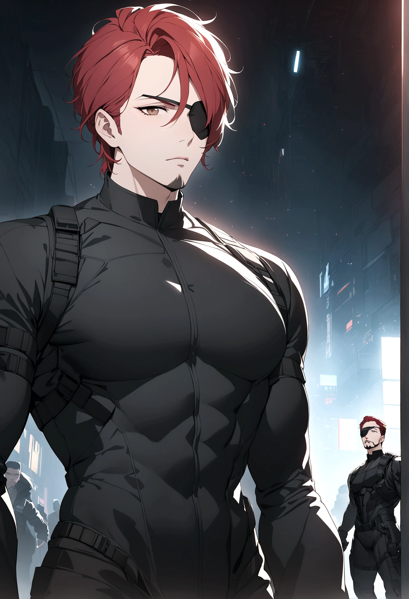 (masterpiece, 32k, 8k, cgi) man, 34 years old, red hair, brown eyes, eye patch over one eye, cyberpunk hair, black Swat uniform, cyberpunk setting, black goatee, face with masculine features, thin body