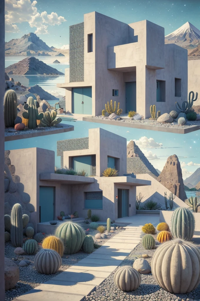 An illustration, collage style, David Hockney visual style, (((Luis Barragán's architectural style houses in middle of a lake))), big boulders, little cascade, mountains, volcanos, volcanic landscape, pool, stairs, beautiful gardens, abundant vegetation, cacti, agave, big clouds, sunset. Magazine cover, serif tipography, editorial design, masterpiece, An illustration in collage style, con rocas gigantes, Brutalist construction sections, escaleras, cactus, agave, textura de concreto, Multiple geometric shapes, hatch and cross hatching, planeta Saturno. ((masterpiece, best quality)),illustration,ultra detailed 8k. (((An illustration of a build designed by Luis Barragán))), with a desertic vegetation garden, (big rocks), ((cacti)), lake, volcano in horizon, smooth clouds, (((illustration collage format))), ((Escher's art style)), (((multiple sections))), (violet, blue, olive green, grey, black and white), hard shadows, (((geometric sculptures))), concrete sculptures, high contrast, dramatic, cinematographic, ((milky way galaxy)), intricate, intricate details, sharp focus,landscape