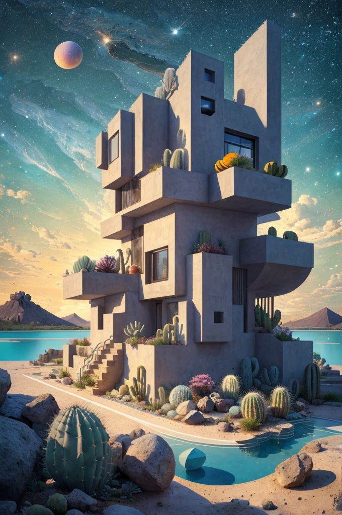 An illustration, collage style, David Hockney visual style, (((Luis Barragán's architectural style houses in middle of a lake))), big boulders, little cascade, mountains, volcanos, volcanic landscape, pool, stairs, beautiful gardens, abundant vegetation, cacti, agave, big clouds, sunset. Magazine cover, serif tipography, editorial design, masterpiece, An illustration in collage style, con rocas gigantes, Brutalist construction sections, escaleras, cactus, agave, textura de concreto, Multiple geometric shapes, hatch and cross hatching, planeta Saturno. ((masterpiece, best quality)),illustration,ultra detailed 8k. (((An illustration of a build designed by Luis Barragán))), with a desertic vegetation garden, (big rocks), ((cacti)), lake, volcano in horizon, smooth clouds, (((illustration collage format))), ((Escher's art style)), (((multiple sections))), (violet, blue, olive green, grey, black and white), hard shadows, (((geometric sculptures))), concrete sculptures, high contrast, dramatic, cinematographic, ((milky way galaxy)), intricate, intricate details, sharp focus,landscape