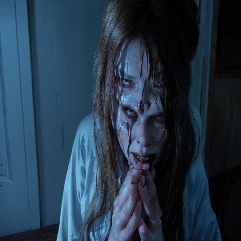 there is a woman with makeup on her face eating something, exorcist, from horror movies, film still from horror movie, film still from a horror movie, 8 0's horror movie film still, horror movie scene, the conjuring style, still from horror movie, 1 9 8 2 horror film, the conjuring, the evil dead, horror film, evil dead face