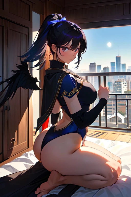 Ravena, camisetas titãs, ( cabelo curto ), They worship Sensual gymnasts, suor suado, 1 garota, Sensual, , Raven, titans sexy leotard, (( black,hair short, straight, straight)), 1 girl, Sensual, Raven young titans. high quality, showing ass, ultra detailed, moon's night, on a balcony,((without a cape)),prostrate on a bed,Robin in classic uniform, enters the room,Ravena is facing the cameraalta qualidade, Mostrando a bunda, ultra detalhado
