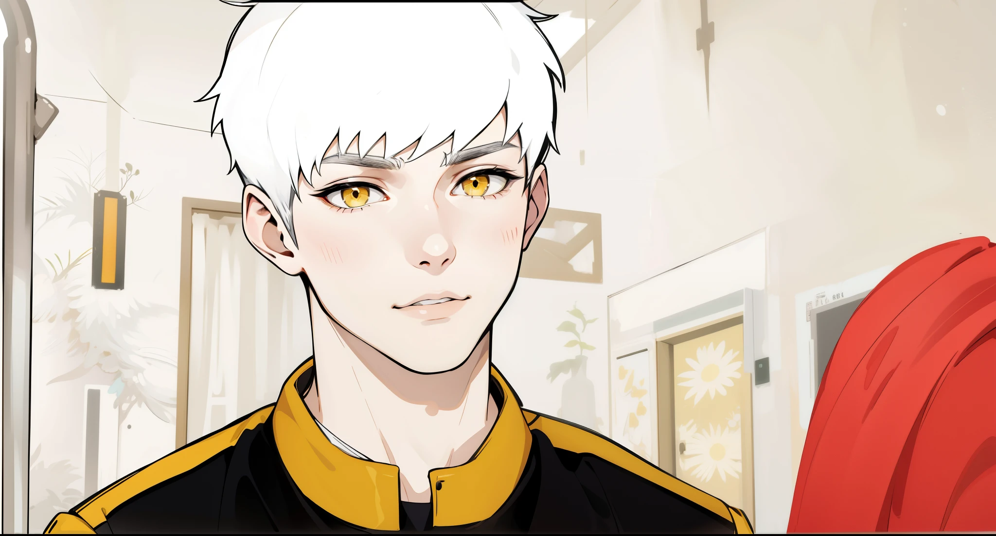 beautiful 17 year old man white hair yellow eyes black clothes