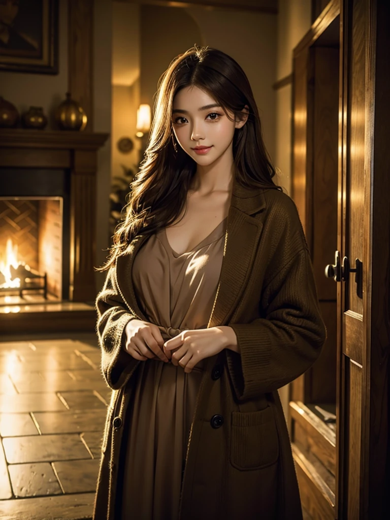 Beautiful woman、Narrow waist、Perfect figure、Beautiful eyes、Long eyelashes、Perfect body、Beautiful Skin、high resolution、A cinematic scene、Beautiful smile、Fashion Model、Long chestnut hair、Attractive clothing、Beautiful ornaments
