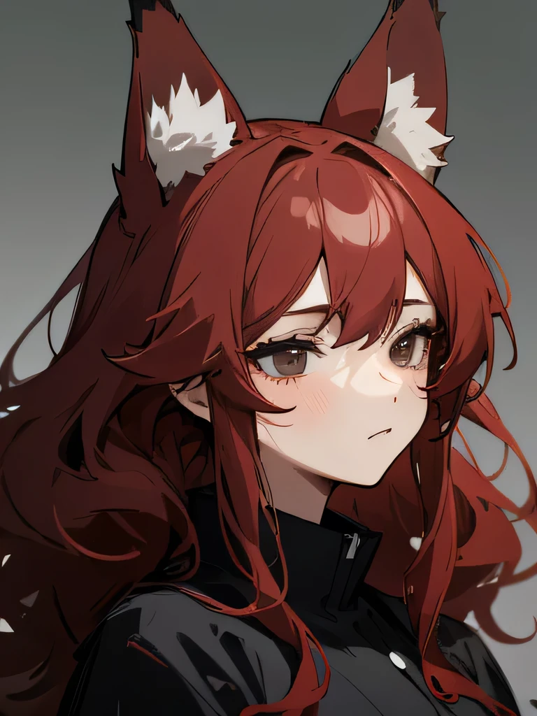 woman Messy red wavy hair, stunning anime face portrait, looking to nothing, womanly, bland expressionless, black high detailed thin eyes, black eyes, grayard grey background, high detailed shadow, avoid human ears, big red fox ears