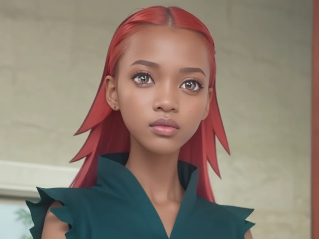 Young woman, dark skin with long red hair and amber eyes, wide nose, thick lips, green clothing, sword, Karui