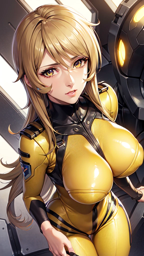 Mature Woman, Woman in a futuristic suit, highly Detailed face, nice, mother, Tomboy, Very large breasts, (Mature Woman), Mature Face, (Mature Woman), Cyber Suit, Anime girl in tight suit, Milfication, Elegant body, Focus on the navel, nude, gloves, Earrings, SF, Female protagonist, Are standing, Volumetric Light, Detailed lighting, Detailed Texture, BoobsCyberpunk, Biomechanical , masterpiece, (Top quality eyes), Detailed face, sci-fi background, Futuristic landscape, (((Yellow bodysuit))), (Chuby), big tits, (((high quality face))), (((high resolution face)))