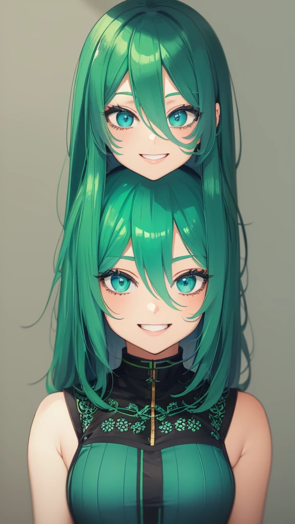 A girl with green hair and blue eyes smiling brightly. Smiling girl with green hair and blue eyes looking happy. Happy girl with green hair and blue eyes in a cheerful pose. Cheerful girl with green hair and blue eyes smiling warmly. with bright eyes and green hair radiant with joy.