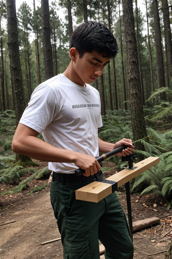 A boy cutting wood with a saw in the forest
