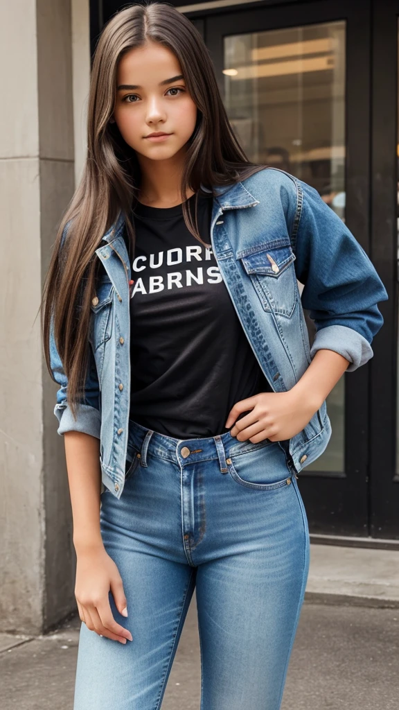 Make a photo of a 14 year old smart girl wearing jeans, t-shirt and jacket with long hair in front The girl in the photo is standing and looking at the front