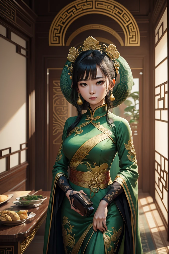 an alien creature,intricate cheongsam dress,asian royal room,green skin,barely humanoid,extremely detailed,photorealistic,ultra-detailed,masterpiece,8k,award winning art,dramatic lighting,ornate decor,ancient artifacts,opulent furnishings,silk embroidery,traditional chinese architecture