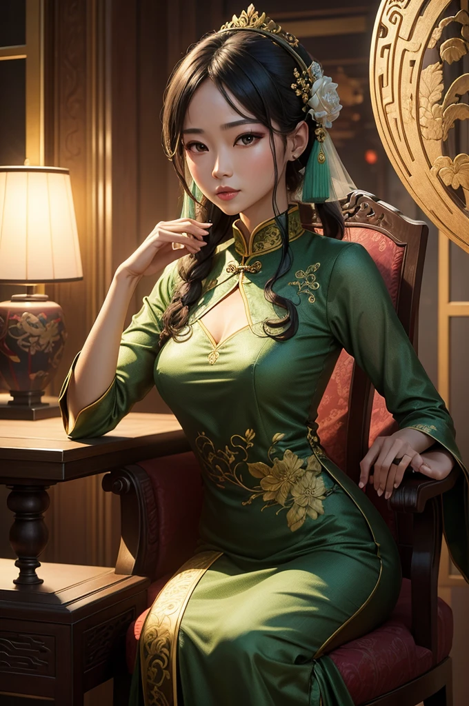 an alien creature,intricate cheongsam dress,asian royal room,green skin,barely humanoid,extremely detailed,photorealistic,ultra-detailed,masterpiece,8k,award winning art,dramatic lighting,ornate decor,ancient artifacts,opulent furnishings,silk embroidery,traditional chinese architecture