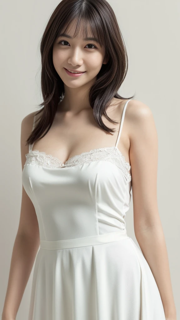 ((1 girl)), Very beautiful Japanese idol portraits, (RAW Photos, Highest quality), (Realistic, Realistic:1.4), (masterpiece), Very delicate and beautiful, Very detailed, 2k wallpaper, wonderful, finely, Very detailed CG Unity 8K 壁紙, Very detailed, High resolution, Soft Light, Beautiful detailed girl, Very detailed目と顔, Beautiful and detailed nose, finelyて美しい目, Cinema Lighting, (Simple light color background:1.3), (Long Hair), (Parted bangs), Complete Anatomy, Slender body, Small breasts, smile, ((Full body shot)), ((banker)), (White chemise),(Panty lines),Sexy pose,Vibrant,((secretary)),Slender,Long legs,(White long slip skirt),(race),
