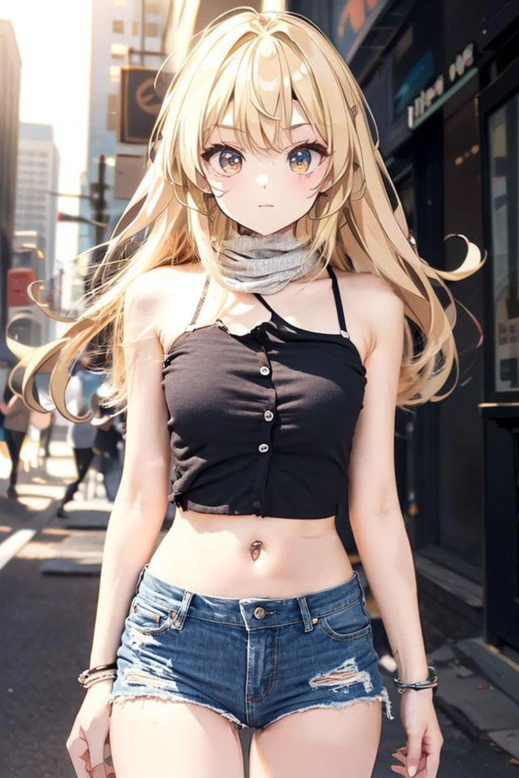 ボロボロのcamisole，Torn clothes(camisole)，(Underboob)，Damage shorts，Tattered shorts，Open button