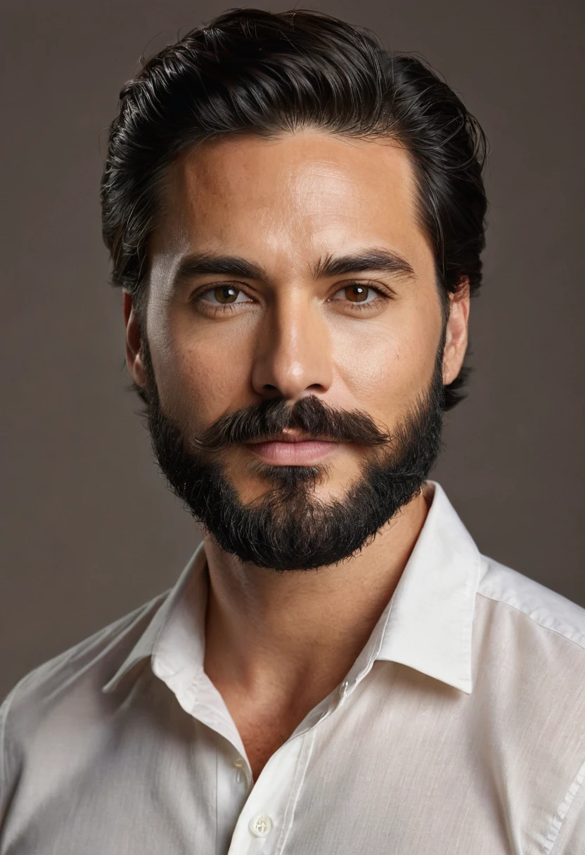 Generate a highly detailed portrait of a man with a well-groomed beard and mustache, dark hair styled neatly, and wearing a light-colored shirt. The background should be dark, emphasizing the facial features. The man's expression should be neutral with a slight smile, showcasing a symmetrical face with well-defined eyebrows, and natural skin tone. Ensure the lighting highlights the facial structure and texture, maintaining clarity and sharpness.