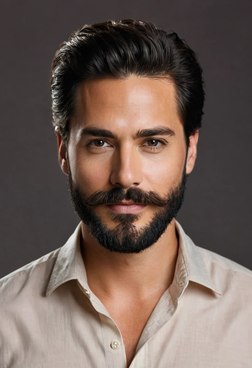 Generate a highly detailed portrait of a man with a well-groomed beard and mustache, dark hair styled neatly, and wearing a light-colored shirt. The background should be dark, emphasizing the facial features. The man's expression should be neutral with a slight smile, showcasing a symmetrical face with well-defined eyebrows, and natural skin tone. Ensure the lighting highlights the facial structure and texture, maintaining clarity and sharpness.