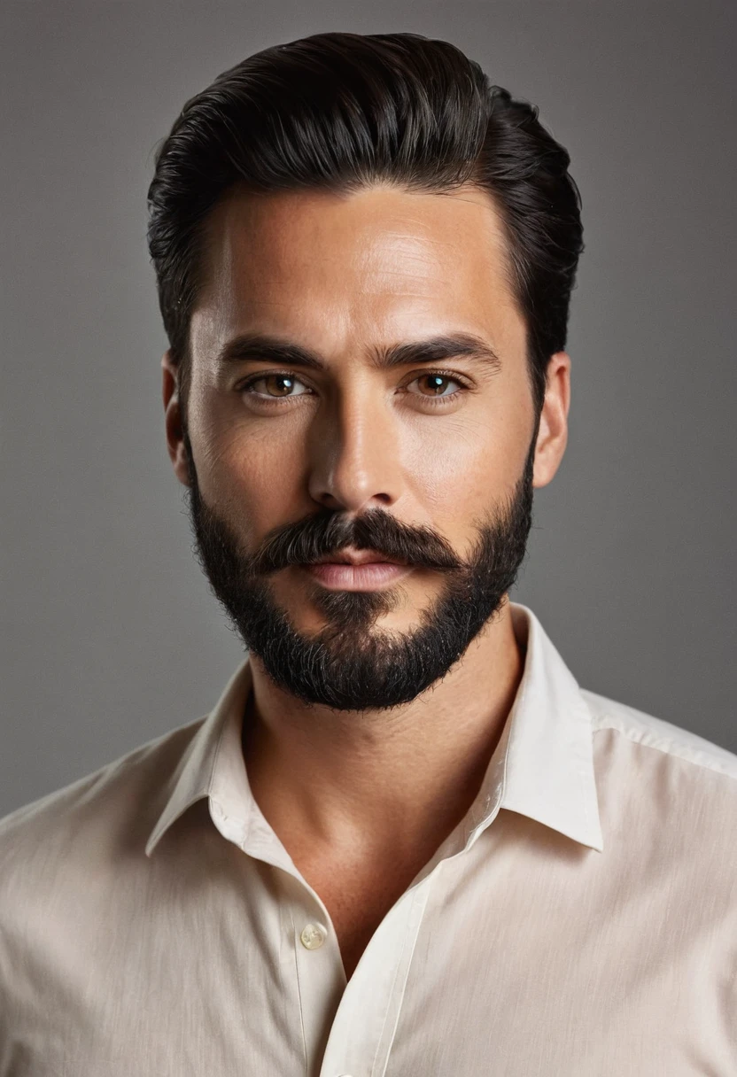 Generate a highly detailed portrait of a man with a well-groomed beard and mustache, dark hair styled neatly, and wearing a light-colored shirt. The background should be dark, emphasizing the facial features. The man's expression should be neutral with a slight smile, showcasing a symmetrical face with well-defined eyebrows, and natural skin tone. Ensure the lighting highlights the facial structure and texture, maintaining clarity and sharpness.