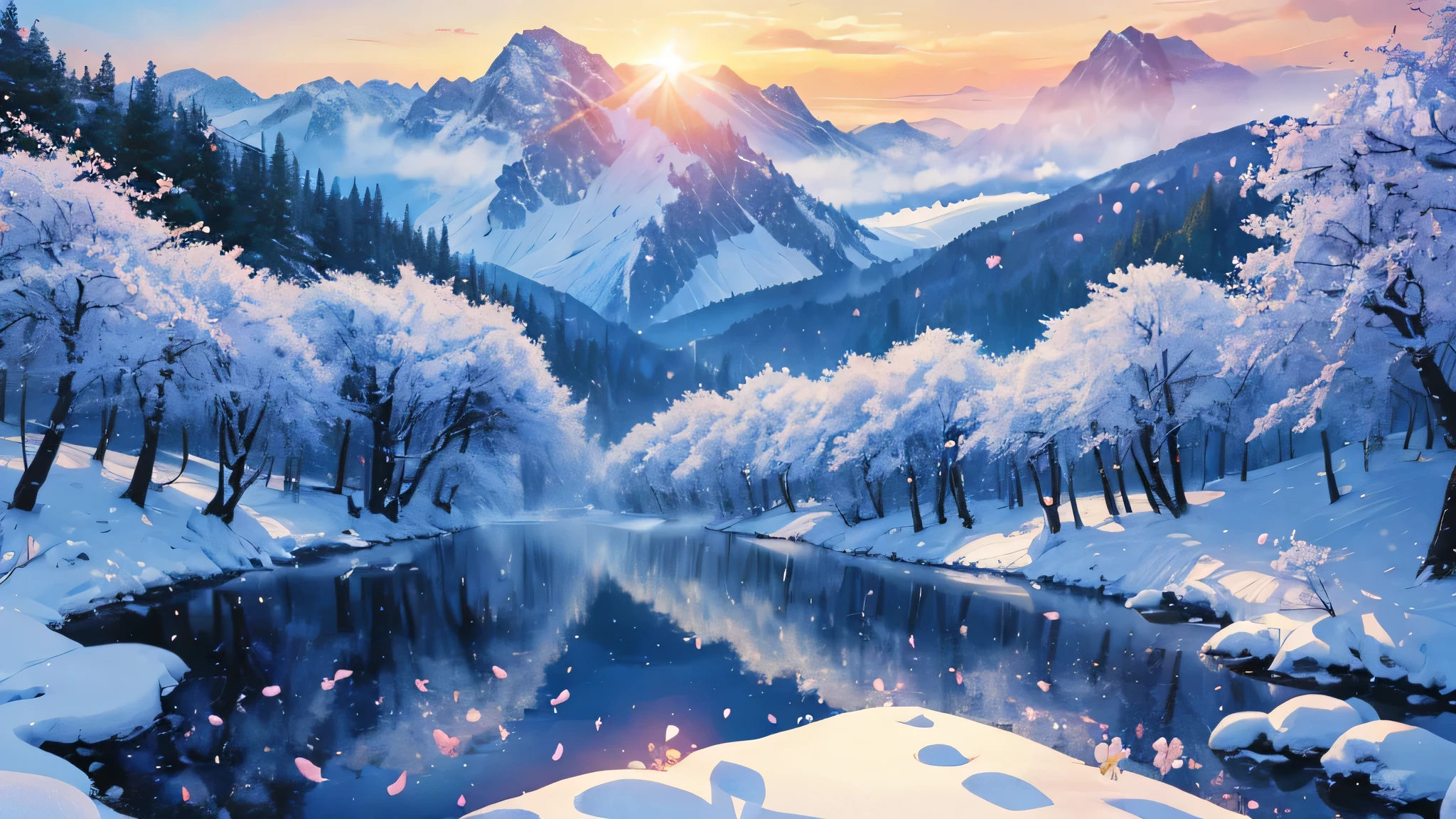 ((logo、masterpiece、8K、On the table、RAW photos、wonderful、最high quality、フォトrealでVery detailedなCG統合8K壁紙、high quality、Very detailed、Narrative Poems、Particle Effects、dynamic effect、Character border depth、light、lens flare、Ray Tracing、On the table、real:1.4、Ultra-high resolution:1.2、real、real))、fantasy、night、wind、dark、Snow and Frost、Cold winter days、Snow Mountainや森、Frost、Snow Mountain々、The Beauty and Splendor of the Frost Tree、Quiet and beautiful grassland in the world of ice and snow、Vast land、Lakeside、Wonderful views、Beautiful natural wind scenery、Night Sky、wind、Cherry blossoms、Cherry blossoms花びら舞っている、cherry blossoms snowstorm、Falling Flowers