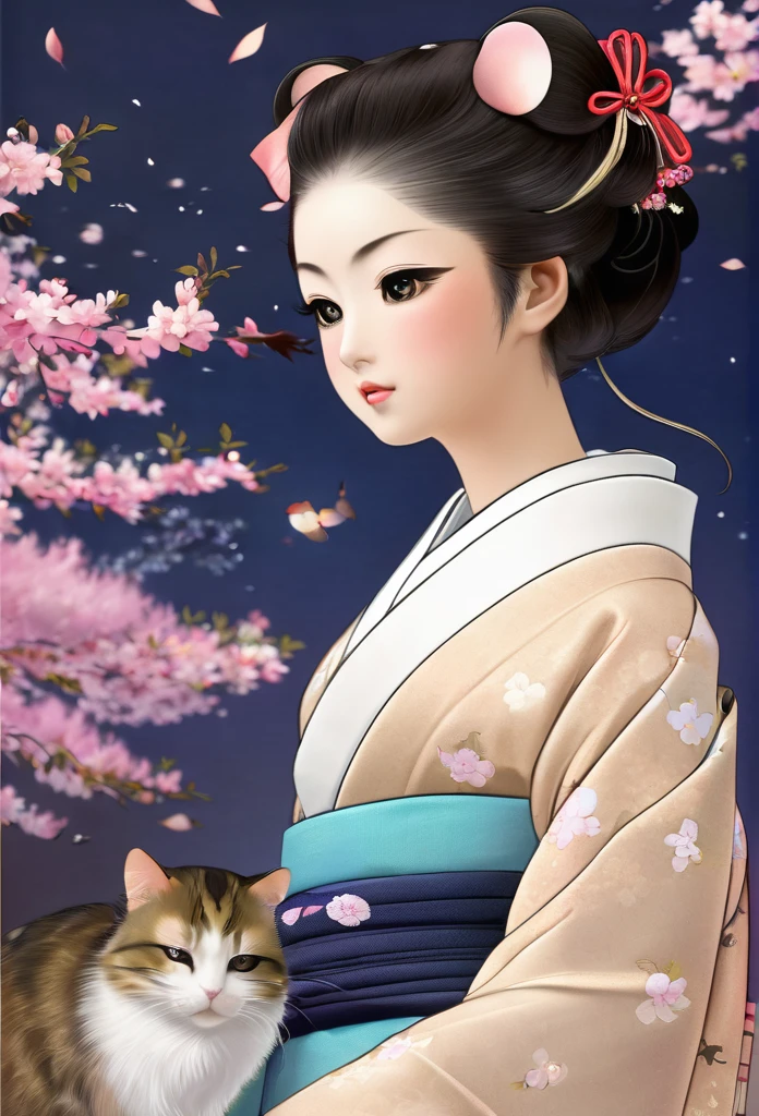 (Kosuke Fujishima style:1.2) , Hallucination, daydream , nightmare , Insane Dream , bokeh , erotica , romance , realistic mouse nymph and realistic cat , Women's hakama from the Meiji period , Petals fluttering down , Single eyelids, round nose, swollen cheeks , glossy lips , Collarbone , Hair blowing in the wind , Meiji period