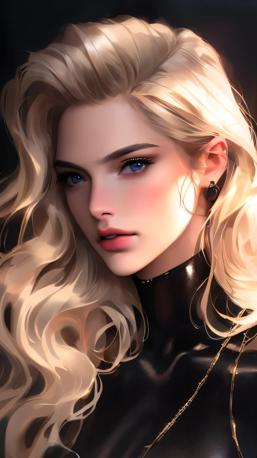 (8K, RAW Photos, 最high quality, masterpiece), 超High resolution, (Realistic, photo-Realistic), 1 Girl, emotionless, alone, Blonde long wavy hair, black eye, Professional Lighting, Detailed lighting, Backlight, Written boundary depth, Natural light, Sharp focus, Professional photography, Beautiful Eyes, Realistic eyes, Detailed Shadows, CG games, Cosplay, (Black leotard with white lines and arm rings), exterior, Crown, masterpiece, 最high quality, high quality, High resolution、((Upper body portrait)))、Click here for the gaze、sexy