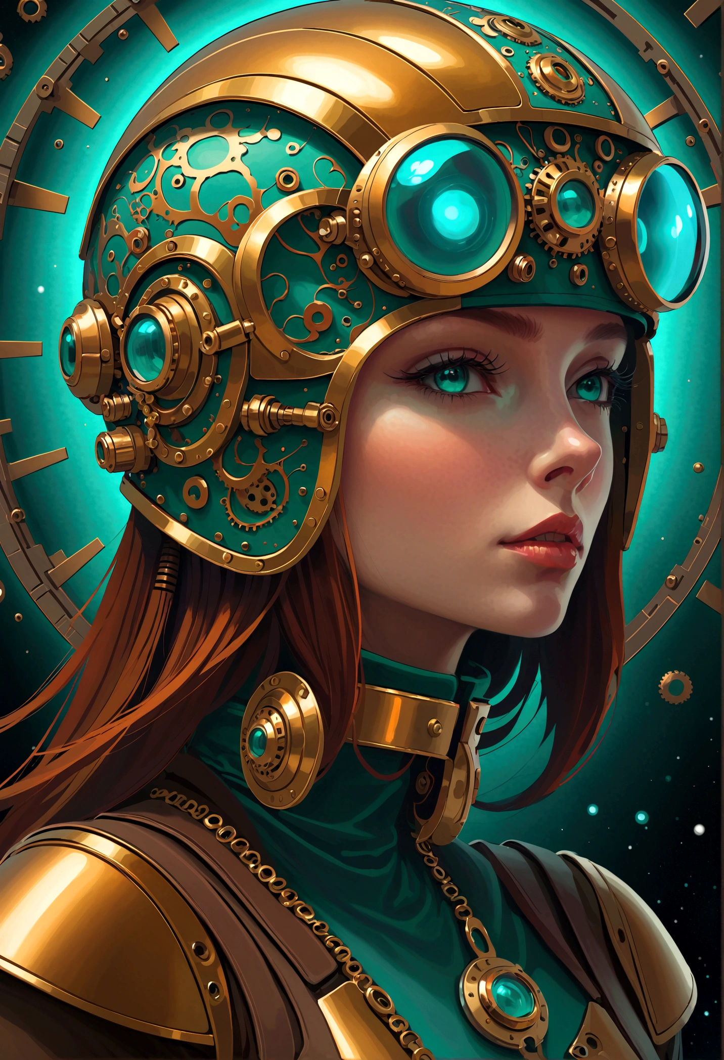 A woman wearing a sci-fi helmet, Inspired by cosmic artifacts, Deep Dream, Gold Turquoise Steampunk, 2070  