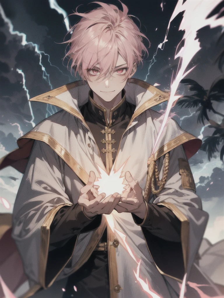 Masterpiece, absurdres, fine detail, HDR, solo, looking at viewer, smile, shirt, pink hair, 1boy, hair between eyes, pink eyes, upper body, male focus, FH , lightning mage, toned, lightning mage robe, electrical aura, early 20s,