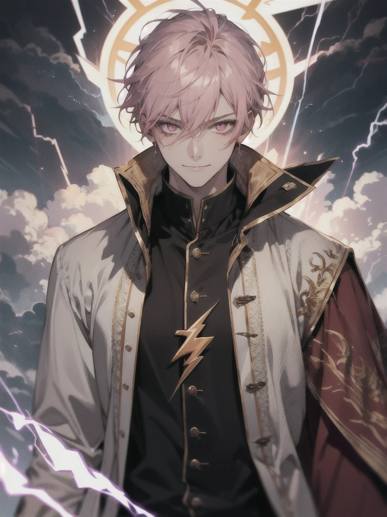 Masterpiece, absurdres, fine detail, HDR, solo, looking at viewer, smile, shirt, pink hair, 1boy, hair between eyes, pink eyes, upper body, male focus, FH , lightning mage, toned, lightning mage robe, electrical aura, early 20s,