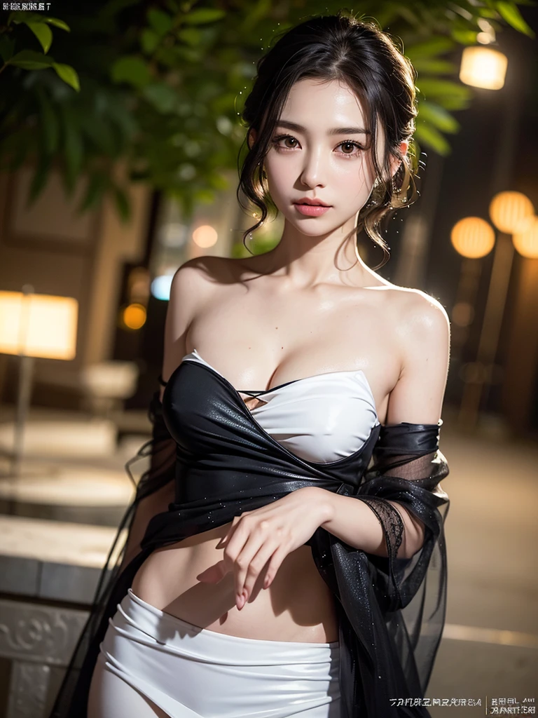 Mix 4, (8k, Live Shooting, Highest quality, masterpiece: 1.2), (Real, Photorealistic: 1.37), 一人のgirl, cute, night, rain, Wetty, Professional Lighting, Photon Mapping, Radio City, Physically Based Rendering, Gradient black hair, Gray Hair, Short Curly Hair, good looking, girl, Highest quality写真, High resolution, 1080P, (Clear Face), (Detailed face description), (Detailed hand description), (masterpiece), (Exquisite CG)、Extreme light and shadow、Disheveled Hair、Masterwork、Rich details、(Fine facial features)、(Highest qualityの写真)、(Masterpiece)、(Detailed eyes)、Look in front of you、Detailed clavicle、((Mid-breasted))、Nipple erection、Sexy、Lady、Clear、Smooth Hair、Clothes are not shiny、nightの砂浜、Swimwear、Black Bikini、Ocean、skirt