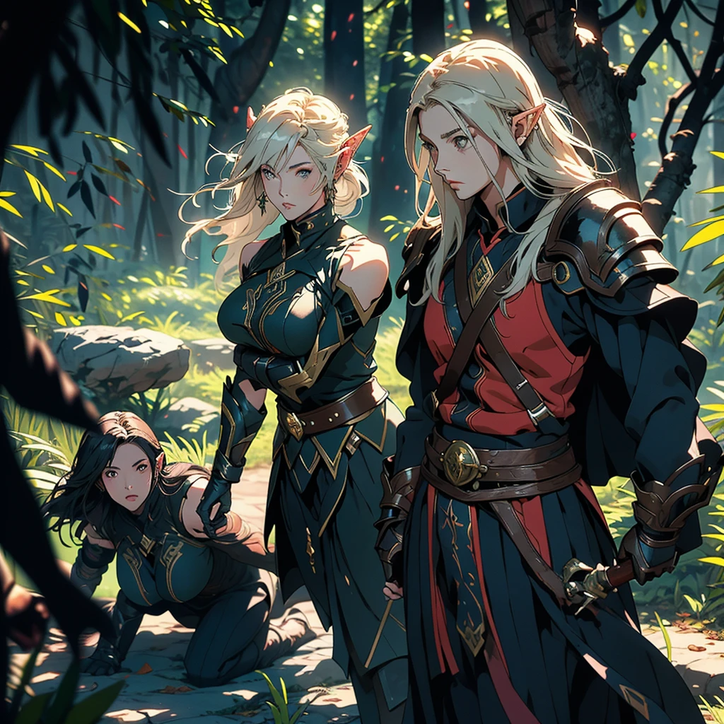 Anime style, Medium shot of Elven assassins training in the background.
Characters: Elven assassins with graceful, athletic builds.
Outfits: Sleek, dark armor that blends with the forest environment.
Action: They are practicing various combat techniques.