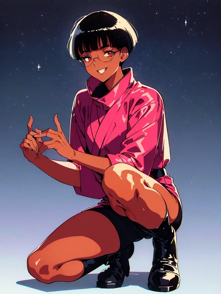(flat chest:), (masterpiece:1.2), highest quality, High resolution, unity 8k wallpaper, (fine and beautiful eyes:1.6), highly detailed face, perfect lighting, Detailed CG, (perfect hands, perfect anatomy), (1 boy solo:1.4), 20 years old, black hair, extremely beautiful detailfeminine face and eyes, (evil smile:1.4), detailed eyes, best quality,( dark skin:1.8), (turtleneck shirt under yukata:1.2), (bike shorts:1.2), extremely detailed, very precise detailed, (glasses:1.3), blunt bangs, open mouth, (very short pixie cut:1.2), boots,fingerless gloves, smile, half closed eyes, ,(on kawara roof),night sky, ,long sidelocks,(long red Scarf),(yukata),(squatting), ears,(acrobat pose:1.3),(squat:1.3),leaning forward,(one knee dwon:1.5),(Put one foot in front:1.3),(stylish pose:1.4),(Raise only index finger:1.1),(Joining hands:1.5),(retro artstyle:1.5), (1990s \(style\):1.5),