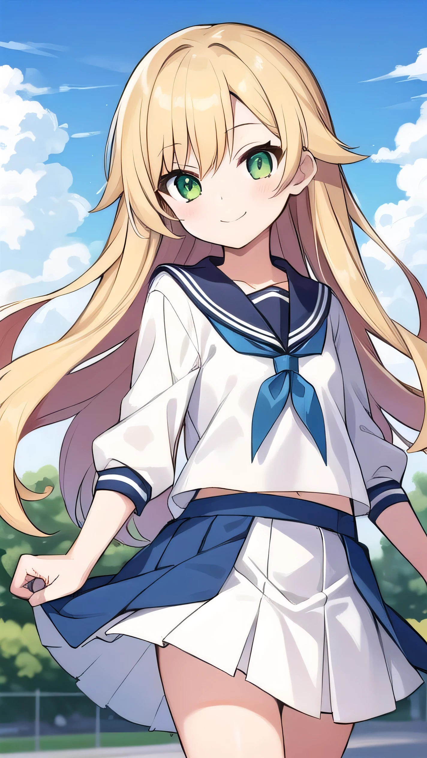 Blonde, elementary school student, green eyes, long hair, elementary school student, white clothes, white miniskirt, kind smile, park, short, 9 years old, 135cm tall, blue sky, , hair hanging outside