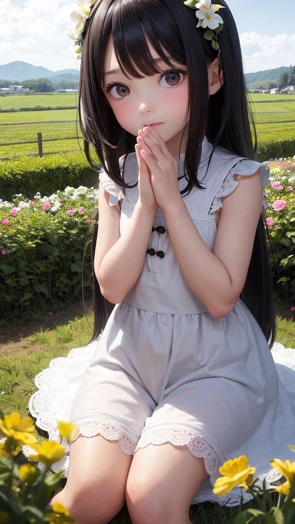 8 year old girl, playing with her hands raised, black eyes, rural landscape, white dress, playing, many flowers