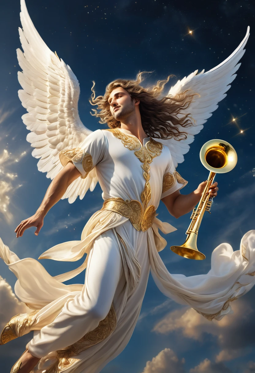 a male angel, flying in the sky on his back, full body, detailed wing features, long flowing hair, holding a golden trumpet and an ornate scroll, ethereal and divine, cinematic lighting, composition, flying in the sky, dramatic, super photo realistic, intricate details, rich colors, brilliant aura, photorealistic, 8k, highly detailed, masterpiece