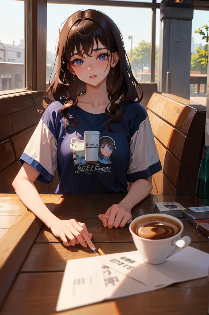 ８K, Highest quality, masterpiece, Ultra-detailed、natural perm、Brown Hair、full lips、Blue Eyes、１８Year-old beauty、Portrait、Coffee shop、stare、T-Shirts、