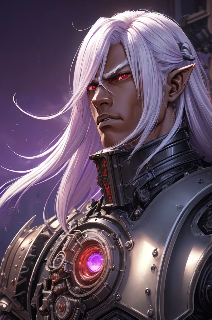 ((best quality)), ((masterpiece)), (detailed), ((boy)), ((mechanical armor)), (steampunk), (serious), dark skinned, human, upper body, portrait, red eyes, long white hair, Xemnas from Kingdom Hearts, half-drow, pointy ears, serious face, dramatic lighting, purple hue, art by Kinema Citrus and Tetsuya Nomura