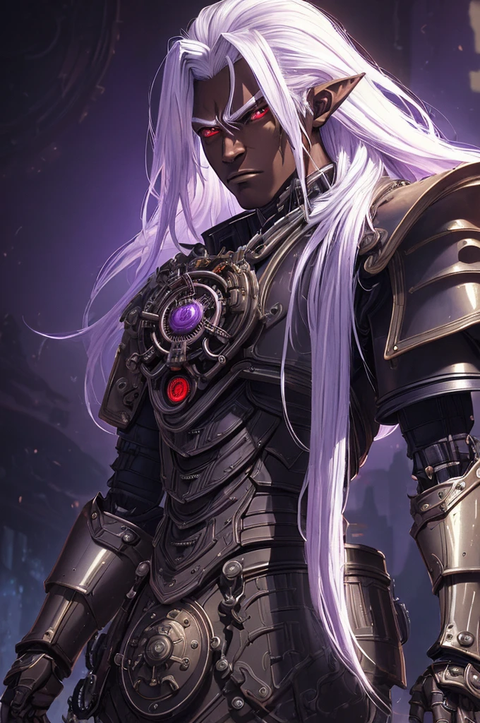 ((best quality)), ((masterpiece)), (detailed), ((boy)), ((mechanical armor)), (steampunk), (serious), dark skinned, human, upper body, portrait, red eyes, long white hair, Xemnas from Kingdom Hearts, half-drow, pointy ears, serious face, dramatic lighting, purple hue, art by Kinema Citrus and Tetsuya Nomura