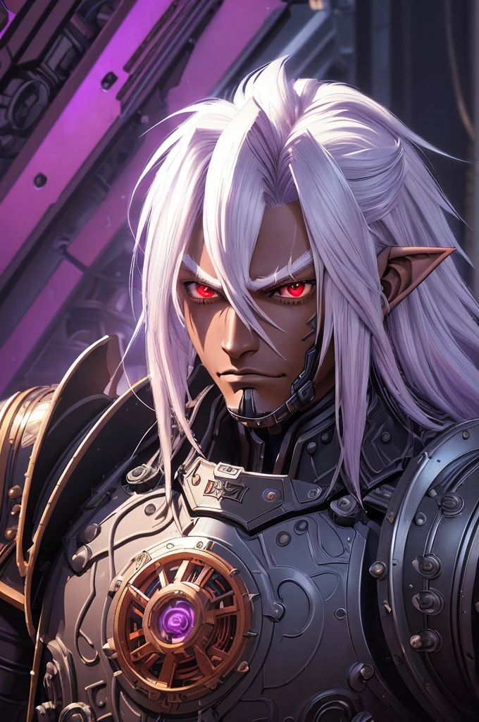 ((best quality)), ((masterpiece)), (detailed), ((boy)), ((mechanical armor)), (steampunk), (serious), dark skinned, human, upper body, portrait, red eyes, long white hair, Xemnas from Kingdom Hearts, half-drow, pointy ears, serious face, dramatic lighting, purple hue, art by Kinema Citrus and Tetsuya Nomura