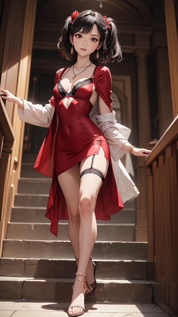 ((Biologically correct limb count))、((Full Body Shot, Full-body photo including face、Head to toe photos))、4K、masterpiece、((Focus on the face))、((Symmetrical facial features))、Eyes of meticulous depiction、One beautiful woman、Excellent style、((Red panties and bra、Black garter stockings、High heels with anklets、Tight dress with bobble skirt))、Detailed Description、Small earrings、necklace、Looking back while climbing stairs、High angle、Looking up