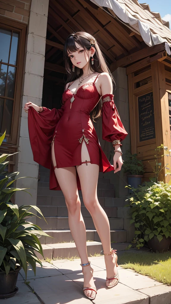 ((Biologically correct limb count))、((Full Body Shot, Full-body photo including face、Head to toe photos))、4K、masterpiece、((Focus on the face))、((Symmetrical facial features))、Eyes of meticulous depiction、One beautiful woman、Excellent style、((Red Lingerie、Black garter stockings、High heels with anklets))、Detailed Description、Small earrings、necklace、A moment of reflection while walking through the park early in the morning、High angle、Looking up