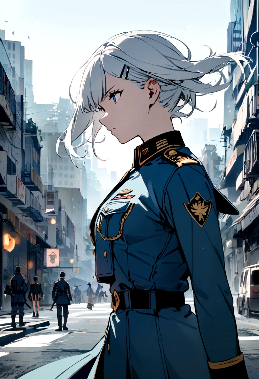 1girl, blue military uniform, white hair, hairclip, city background,