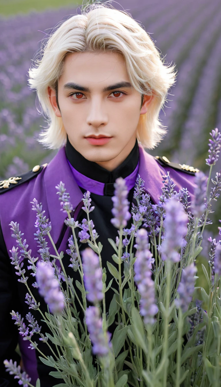 kaveh (genshin impact), 1 male, blond hair, red eyes, in lavender field with flowers