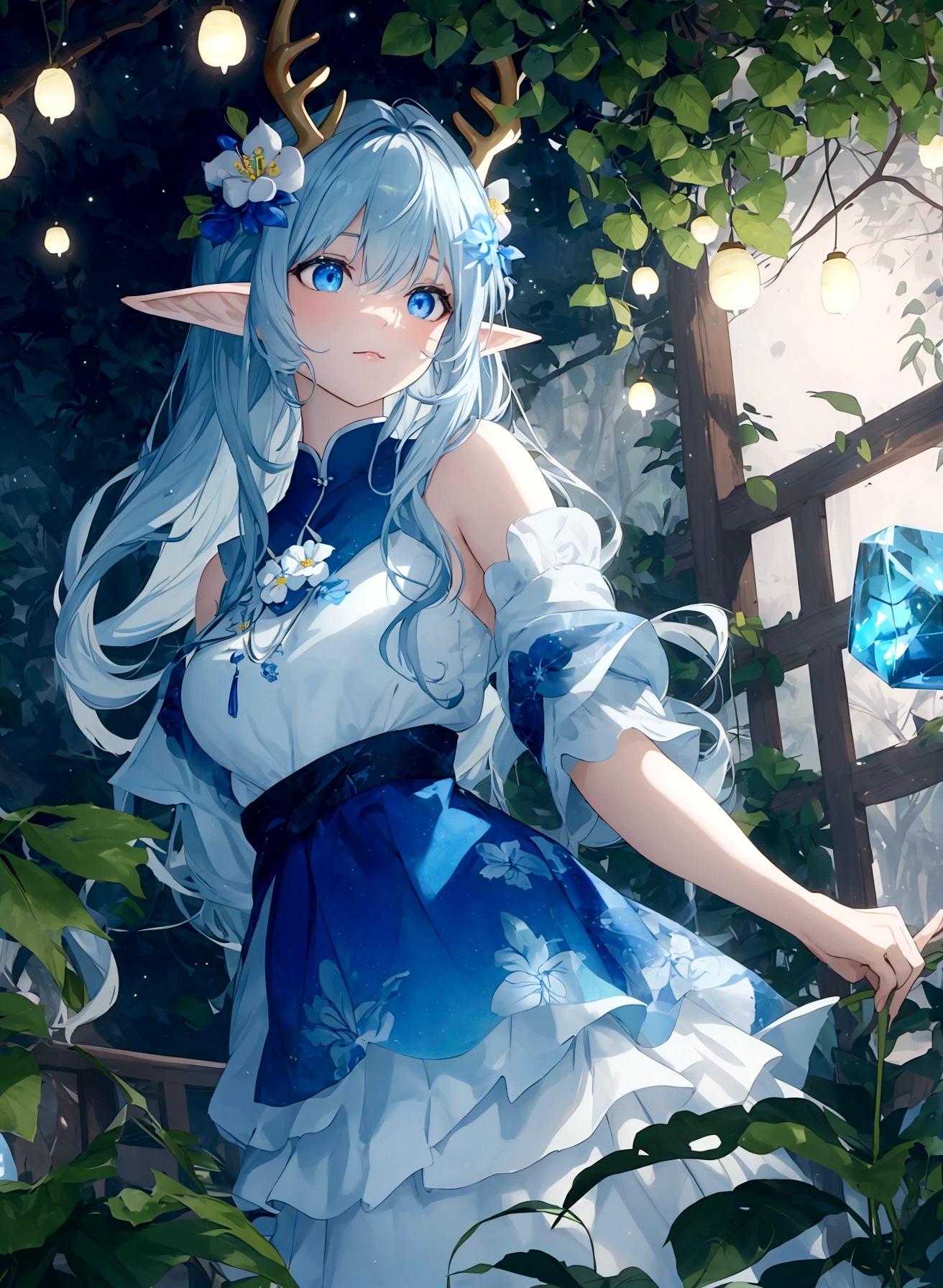 marble,blue,Foam,Sing,masterpiece,best quality,(Highly detailed CG Unity 8k wallpaper),(best quality),(Best Illustration),(The best shadow),Glowing Elf,Glowing deer,Chinese theme elements。,Surrounded by flowers,Fireflies surround delicate leaves and branches(Natural Elements),(Jungle theme),(crystal),(pearl),(cloud),(Particle Effects)and other 3D, Octane Rendering,Ray Tracing,Super detailed --v6