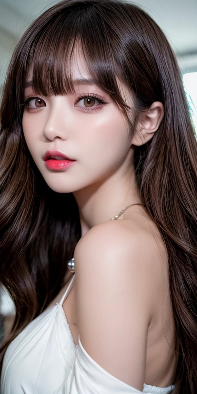 Canon RF 85mmf/1.2,masutepiece,Best Quality,超A high resolution,tu,1 girl,(Korean mixed,Kpop Idol:1.2),Solo,white_shiny_skin,Black eyes,Necklace,brown_long_Wavy_hair,Red lipstick bright_shiny_Lips,Eyelashes,Bangs,deal,make - up,shiny,Pore,skin texture,Bracelet,off shoulders,See-through,Big breasts