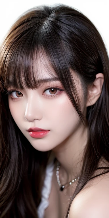 Canon RF 85mmf/1.2,masutepiece,Best Quality,超A high resolution,tu,1 girl,(Korean mixed,Kpop Idol:1.2),Solo,white_shiny_skin,Black eyes,Necklace,brown_long_Wavy_hair,Red lipstick bright_shiny_Lips,Eyelashes,Bangs,deal,make - up,shiny,Pore,skin texture,Bracelet,off shoulders,See-through,Big breasts