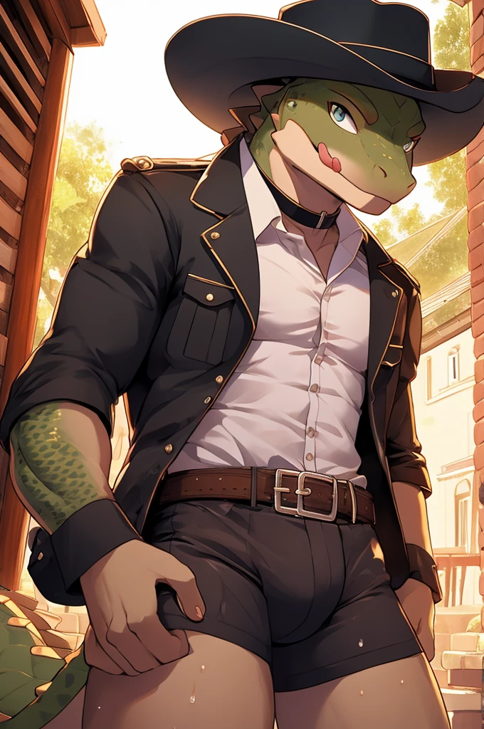 Highest quality、Sexy Baby Lizardman, Skimpy micro underwear、Lizard head、Sweat、Embarrassing、Gay、Western background、Crotch close-up、cute、Leather Handbags、Knee-high socks、Choker of Hearts、White Breath、Licking lips、Drooling、Obscene language、Obscene pose、Sexy Dance、Pink steam、、strip、Sheriff Jacket、Angle looking up from below、Man wearing pantieagazine cover style illustration、Cowboy hat、Gunman、bed