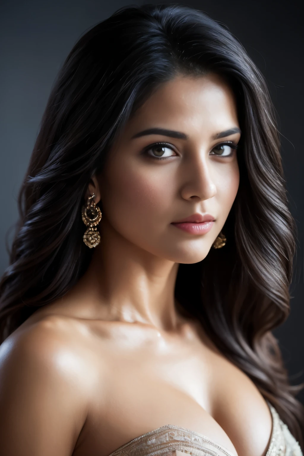 topless Portrait of A confident-looking indian woman with long flowing hair, hazel eyes, with flowing capes, perfect composition, hyperrealistic, super detailed, 8k, high quality, trending art, trending on artstation, sharp focus, topless studio photo, intricate details, highly detailed, art by greg rutkowski