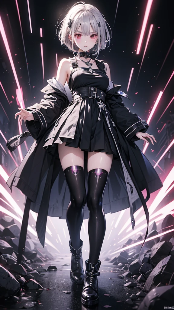 4k anime wallpaper, 4k anime wallpaper, Anime Art Wallpapers 8K, 4K Anime Style, anime art wallpaper 4k, anime art wallpaper 4k, 4k anime wallpaper, Eugeo Art, Detailed digital anime art, ((masterpiece, Highest quality)), (Complex Light), Perfect hands, Perfect Eyes、Perfect legs、Hyper Detail, Bright colors, beautiful girl、cyber punk、Silver short hair, Pause, headphone, Red eyes, Tempting, Half coat on, Off the shoulder、Knee-high、boots, colorful, neon、See-through、My clothes are wet、Japanese anime style.